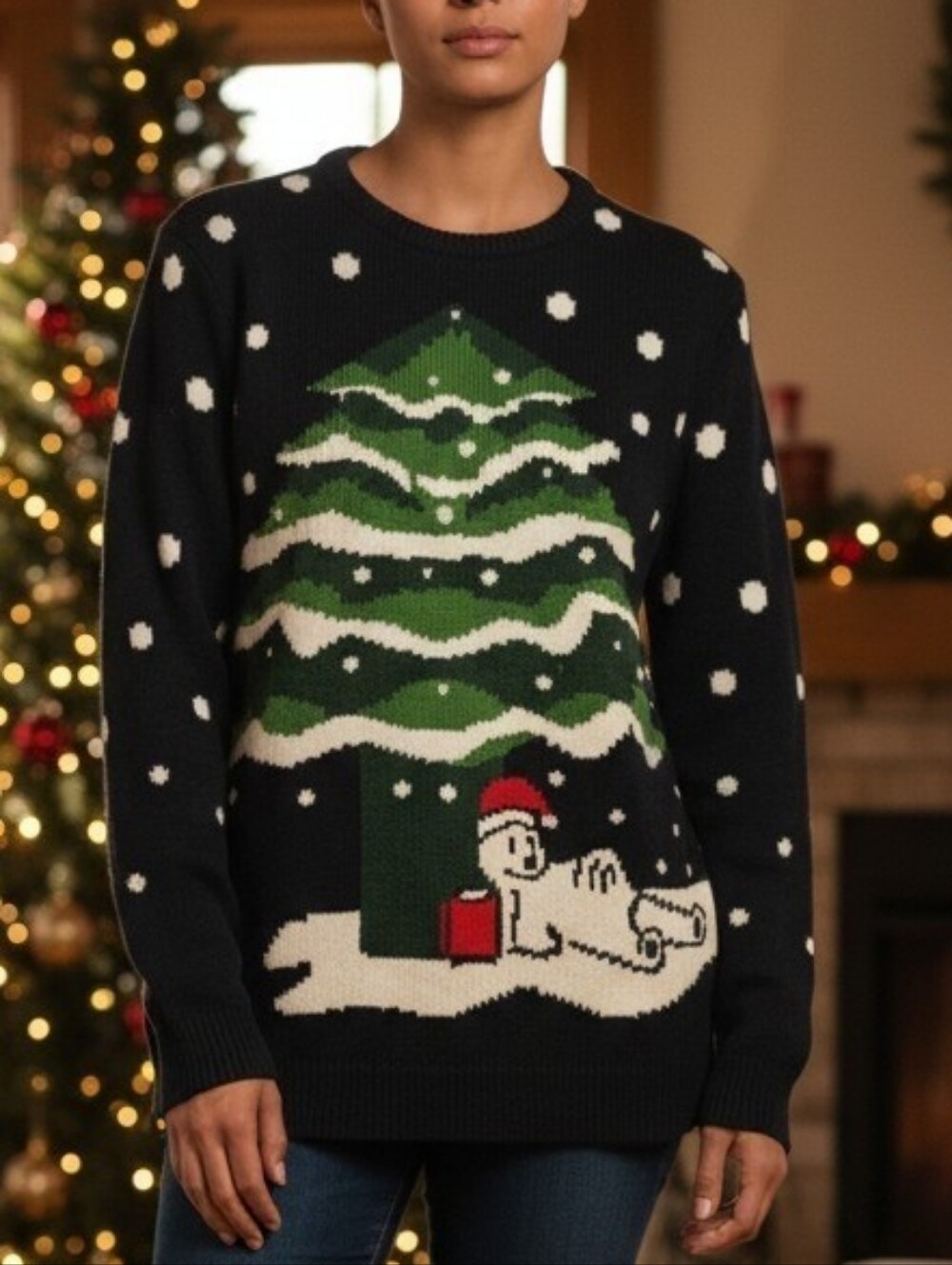 Navy Holiday Tree Knit Sweater with Snowman Size Small